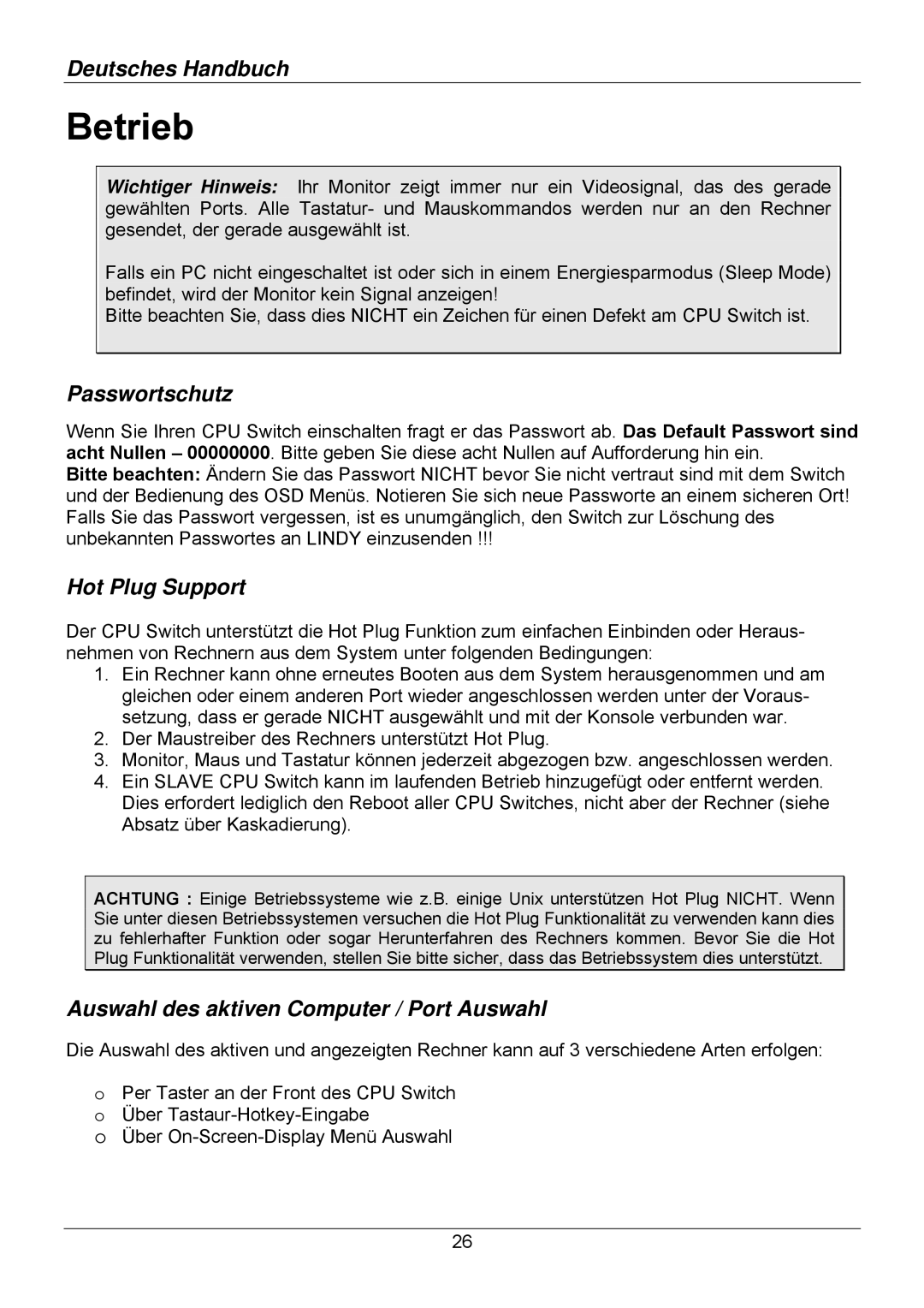 Lindy 32504, 32514, 32505, 32503, 32512, 32513 user manual Betrieb, Passwortschutz, Auswahl des aktiven Computer / Port Auswahl 