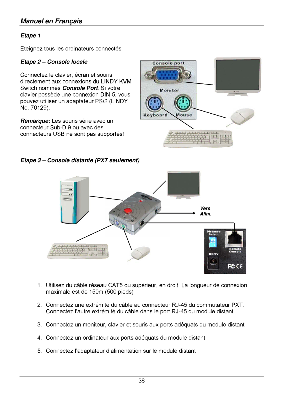 Lindy 32504, 32514, 32505, 32503, 32512, 32513 user manual Etape 2 Console locale, Etape 3 Console distante PXT seulement 