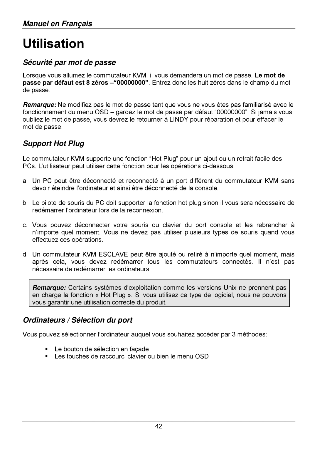 Lindy 32503, 32514, 32505, 32512 Utilisation, Sécurité par mot de passe, Support Hot Plug, Ordinateurs / Sélection du port 