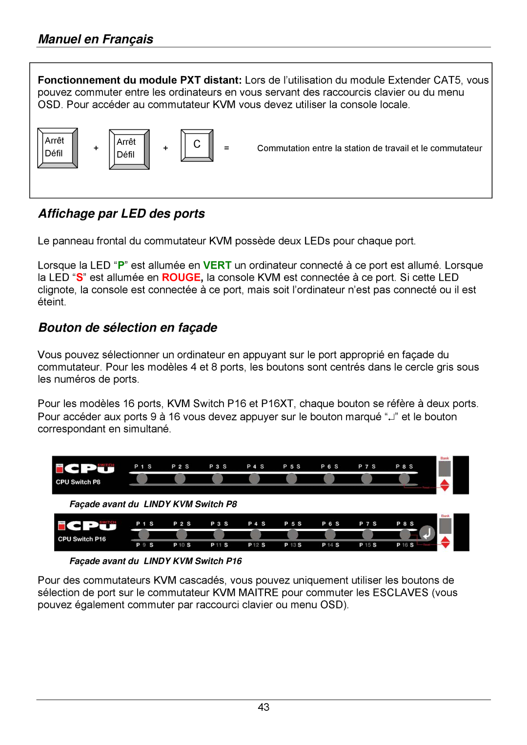 Lindy 32512, 32514, 32505, 32503, 32504, 32513 user manual Affichage par LED des ports, Bouton de sélection en façade 