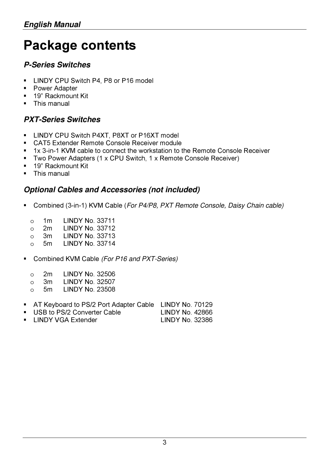 Lindy 32513, 32514, 32505, 32503, 32512, 32504 user manual Package contents 