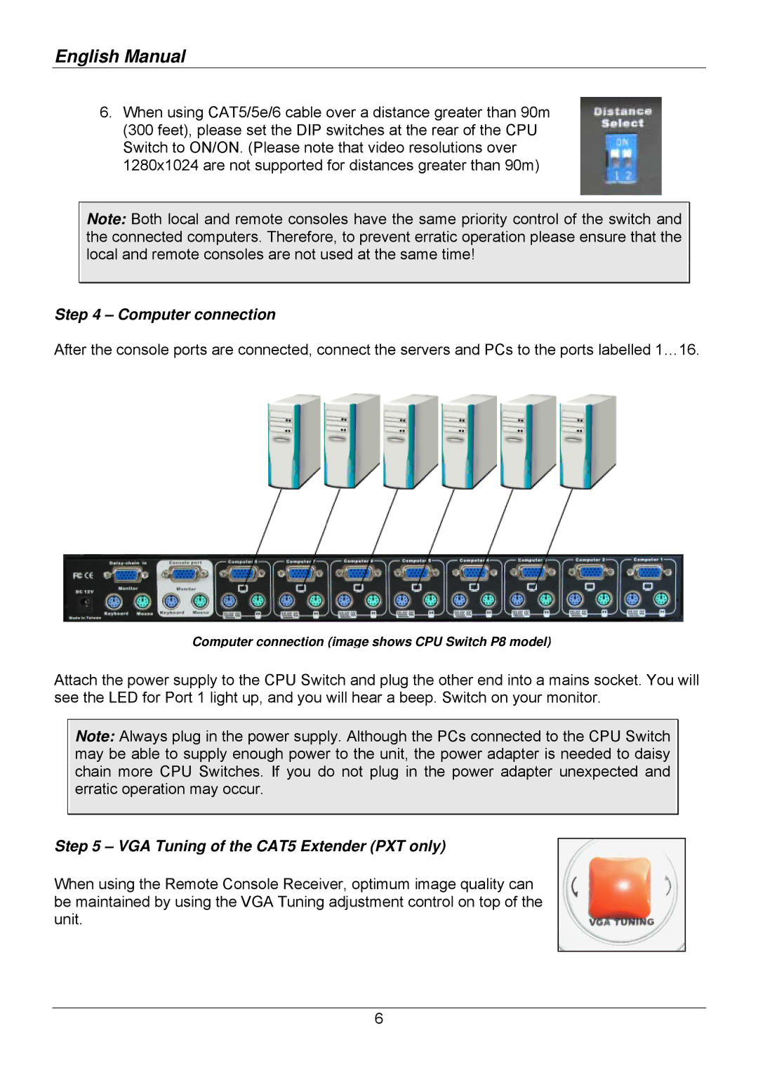 Lindy 32503, 32514, 32505, 32512, 32504, 32513 user manual Computer connection, VGA Tuning of the CAT5 Extender PXT only 