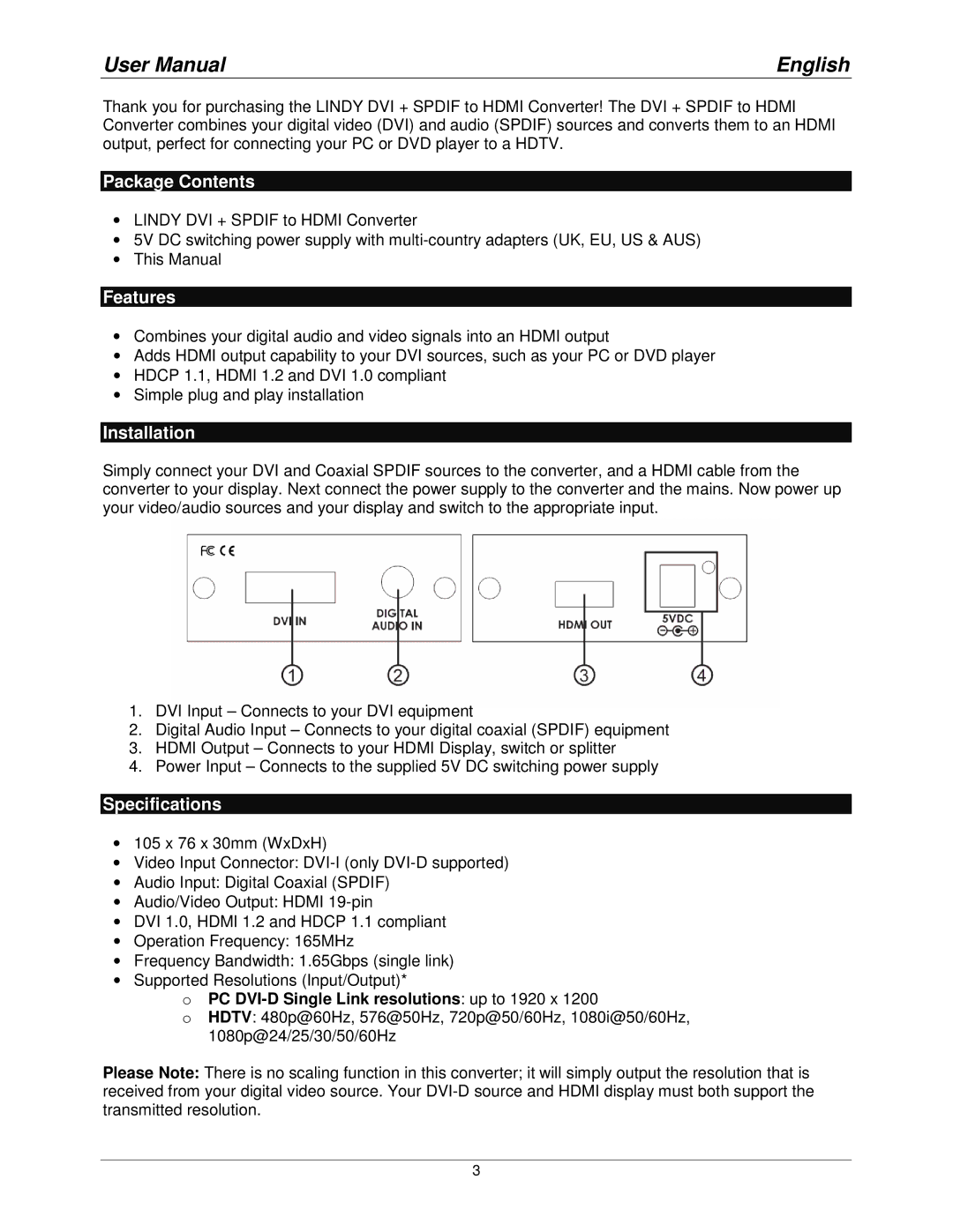 Lindy 32559 user manual English, Package Contents, Features, Installation, Specifications 