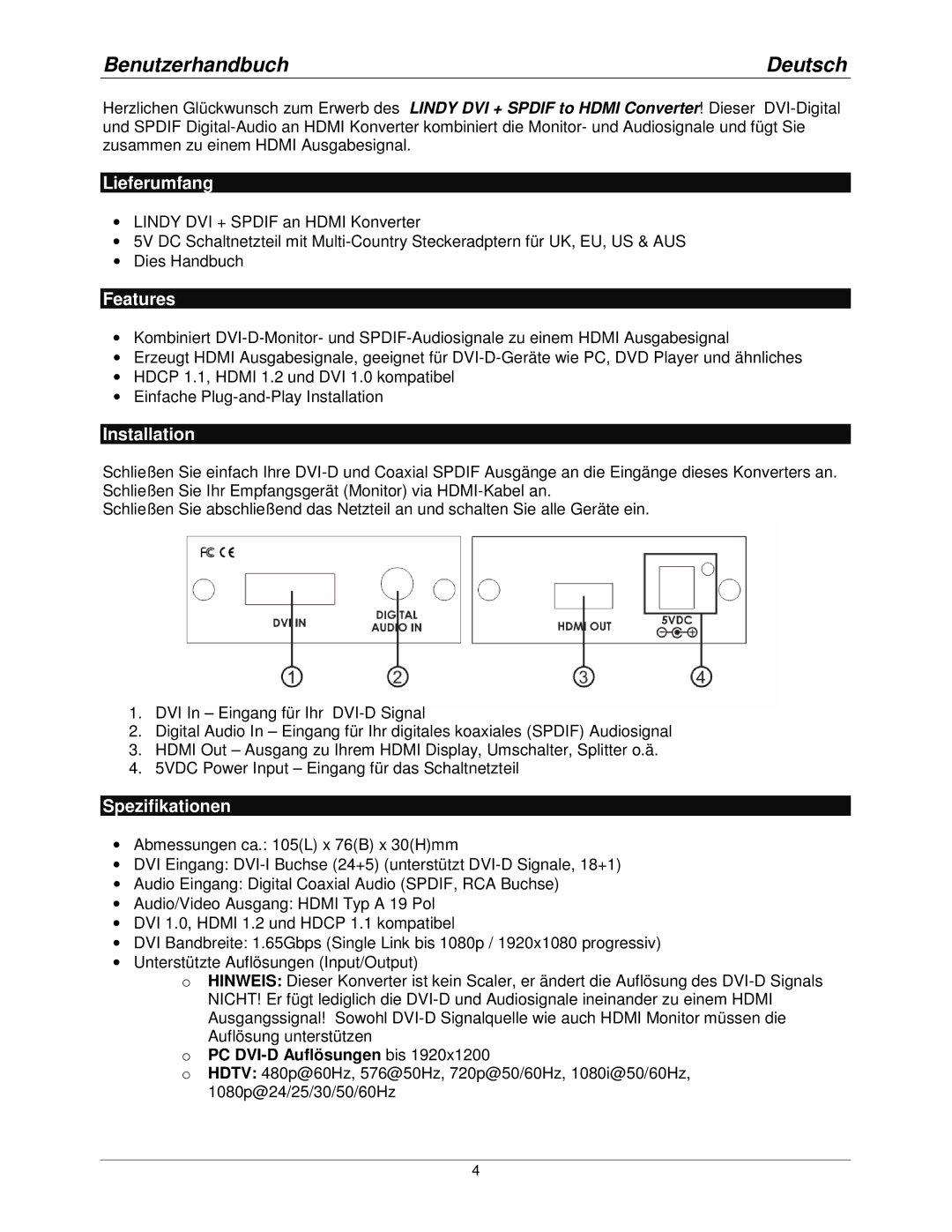 Lindy 32559 user manual Benutzerhandbuch Deutsch, Lieferumfang, Spezifikationen, PC DVI-D Auflösungen bis 