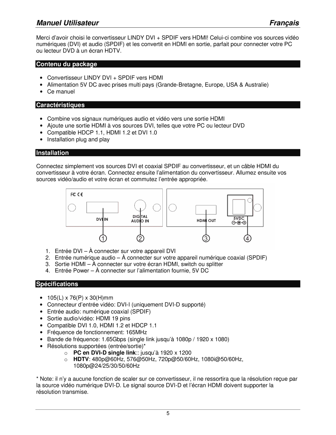 Lindy 32559 user manual Manuel Utilisateur Français, Contenu du package, Caractéristiques, Spécifications 