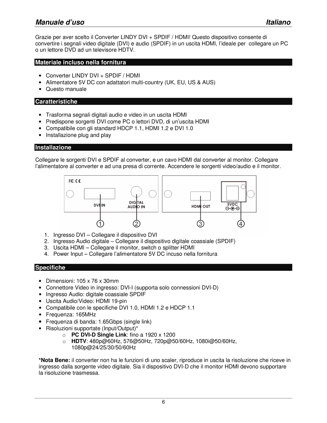 Lindy 32559 Manuale d’uso Italiano, Materiale incluso nella fornitura, Caratteristiche, Installazione, Specifiche 