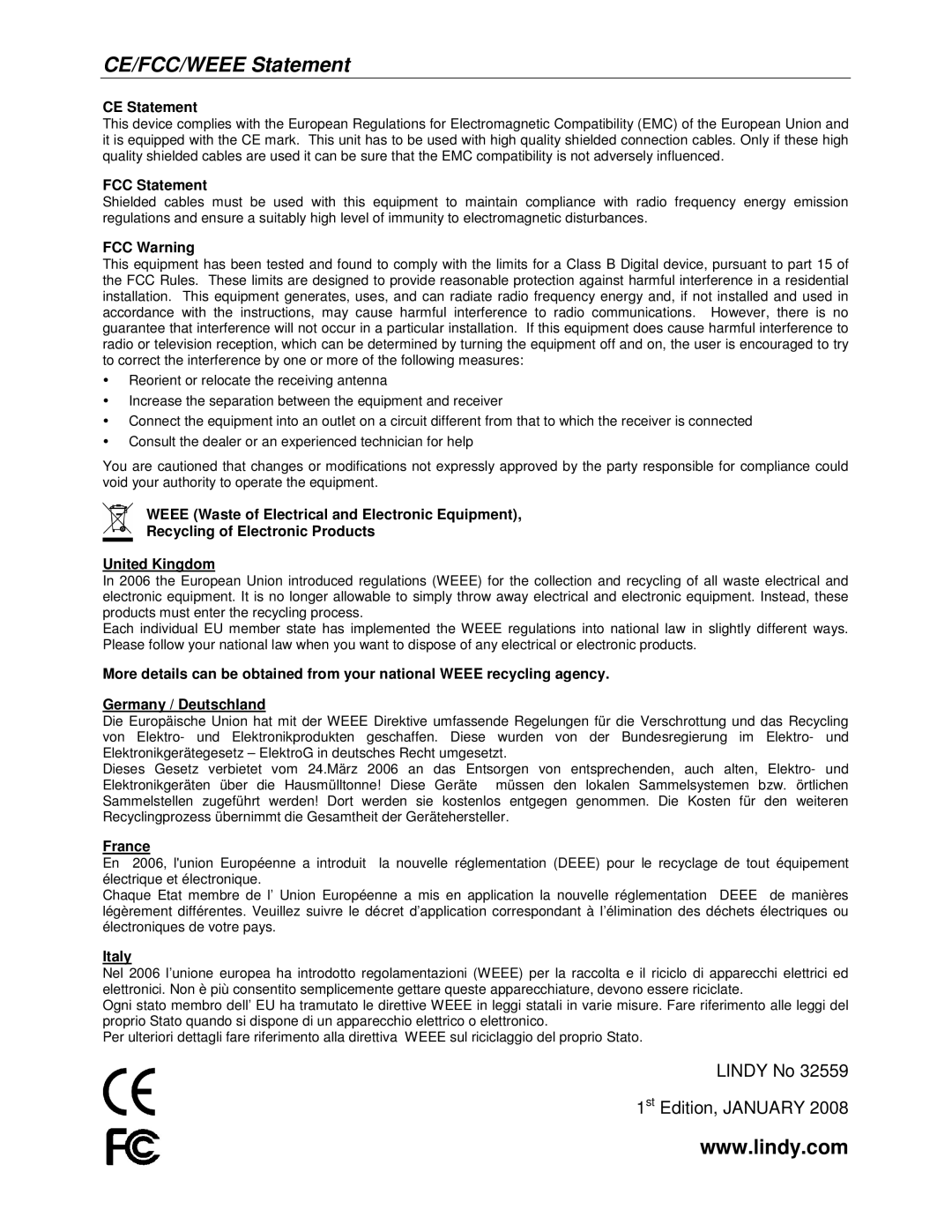 Lindy 32559 user manual CE/FCC/WEEE Statement, CE Statement 