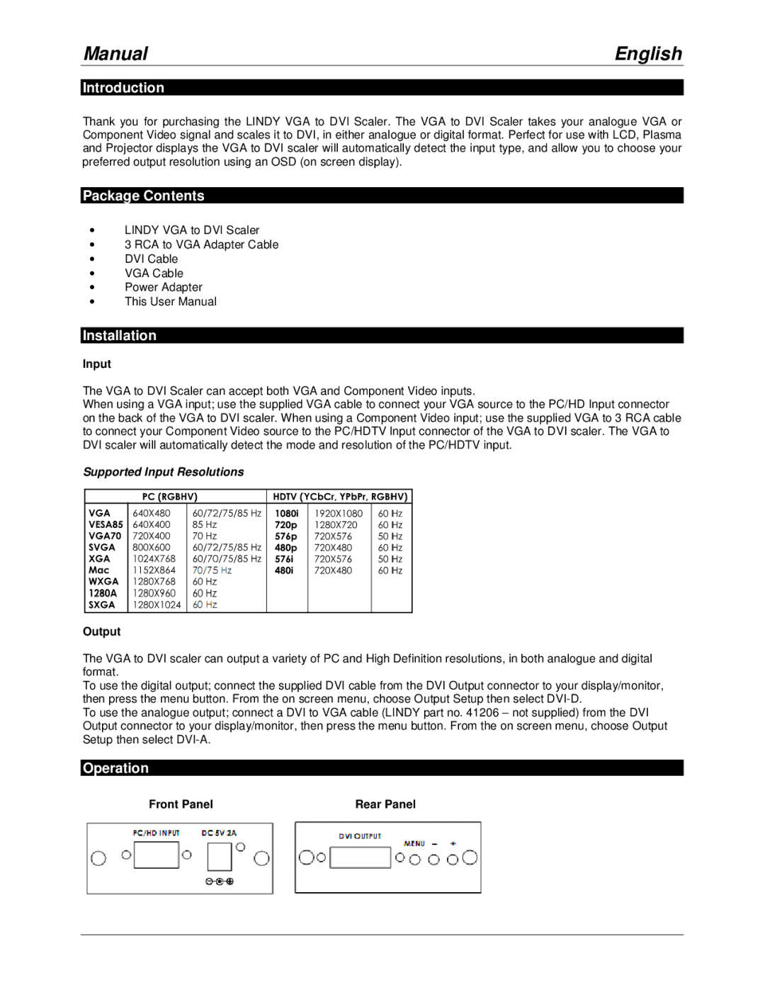 Lindy 32563 manual Manual English, Input, Output, Front Panel Rear Panel 