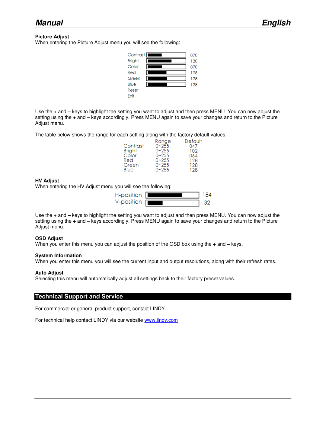 Lindy 32563 manual Picture Adjust, HV Adjust, OSD Adjust, System Information, Auto Adjust 