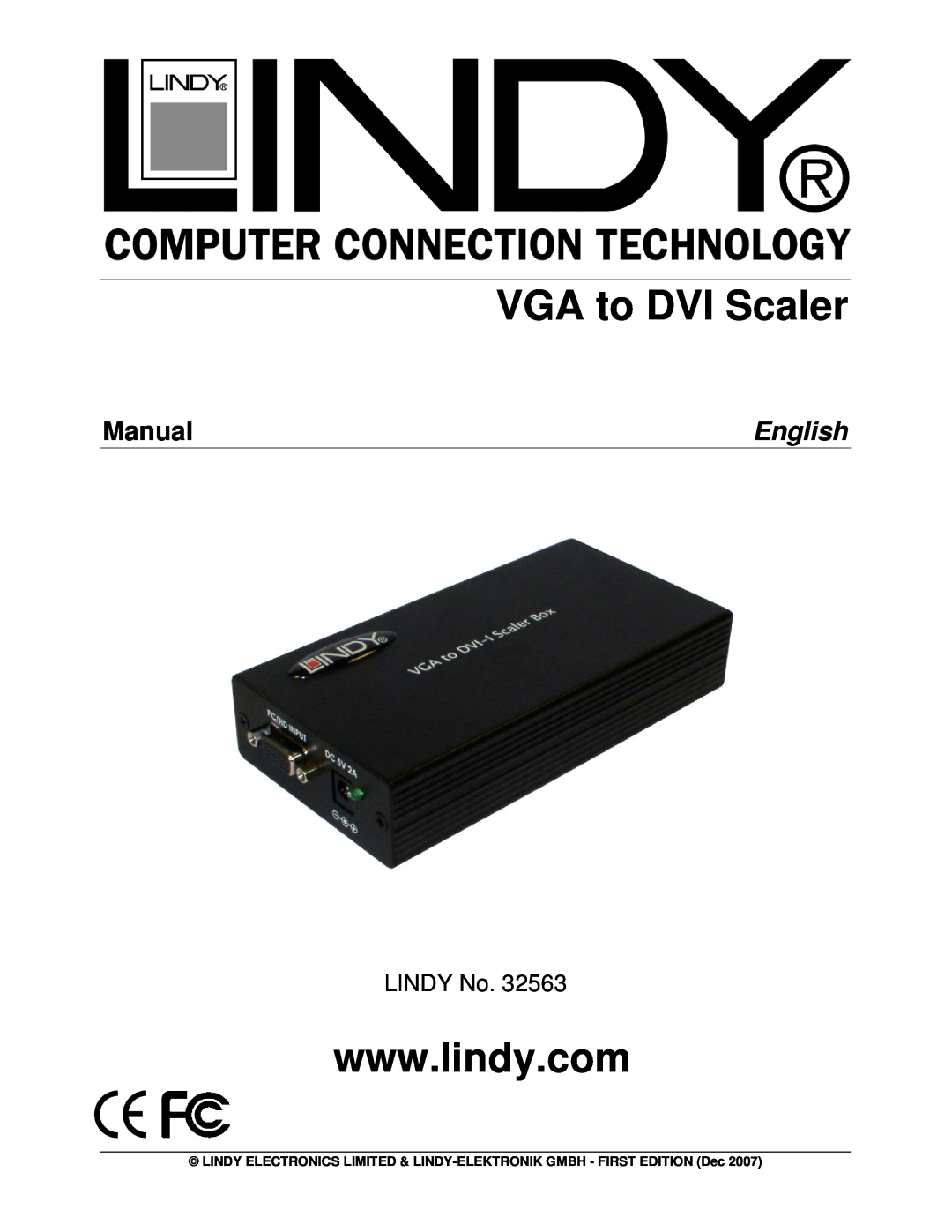 Lindy 32563 manual VGA to DVI Scaler, Manual, English, LINDY No 