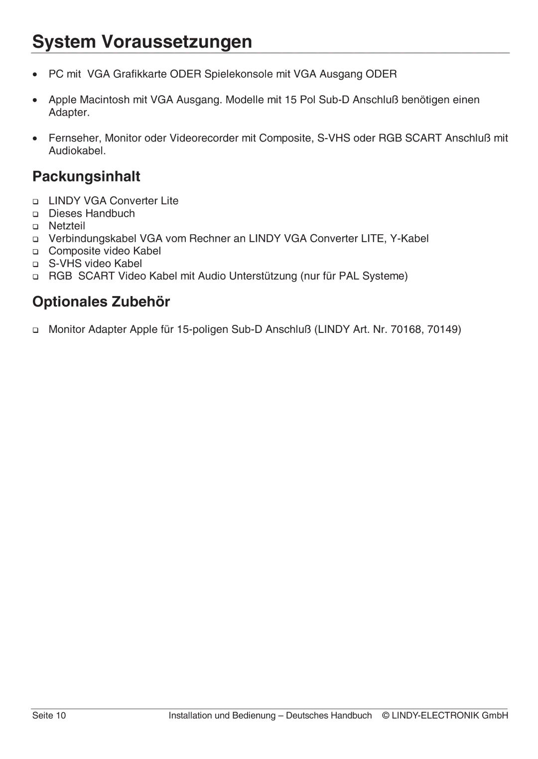 Lindy 32565 manual System Voraussetzungen, Packungsinhalt, Optionales Zubehör 