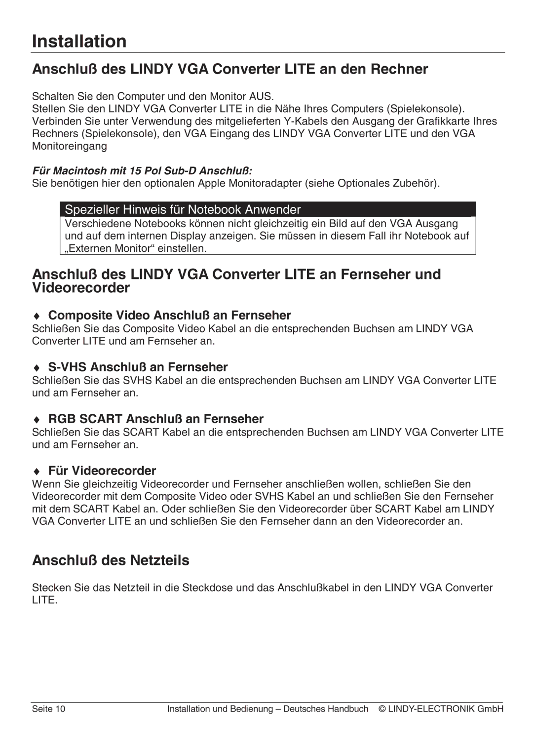 Lindy 32565 manual Anschluß des Lindy VGA Converter Lite an den Rechner, Anschluß des Netzteils 