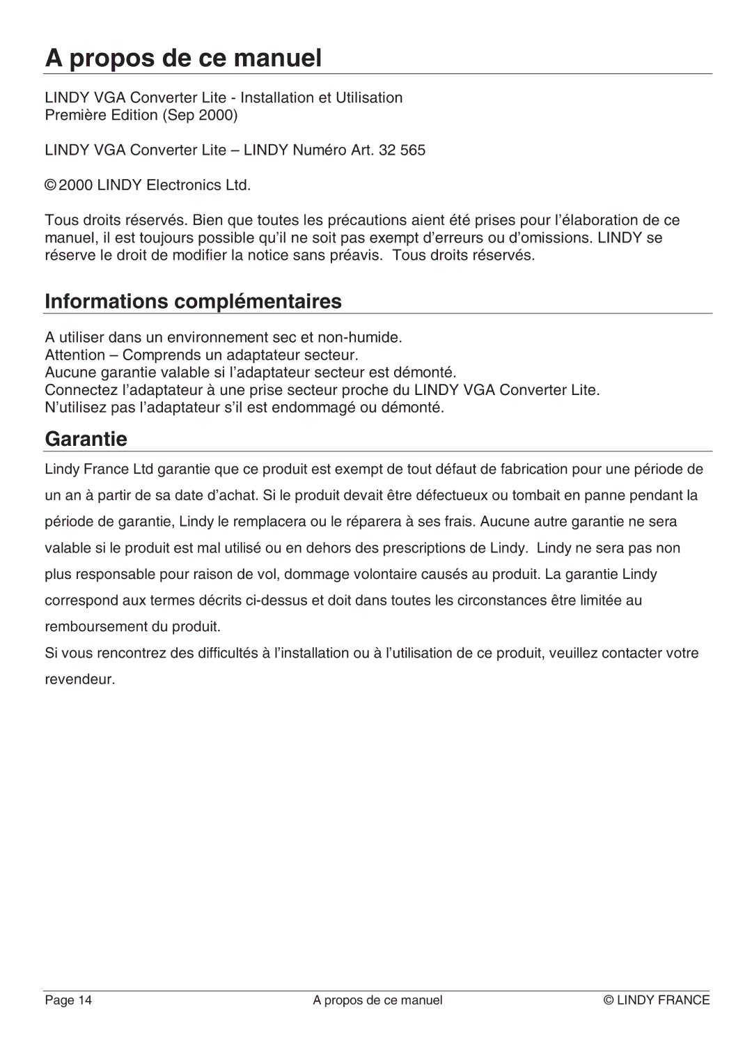 Lindy 32565 manual Propos de ce manuel, Informations complémentaires 