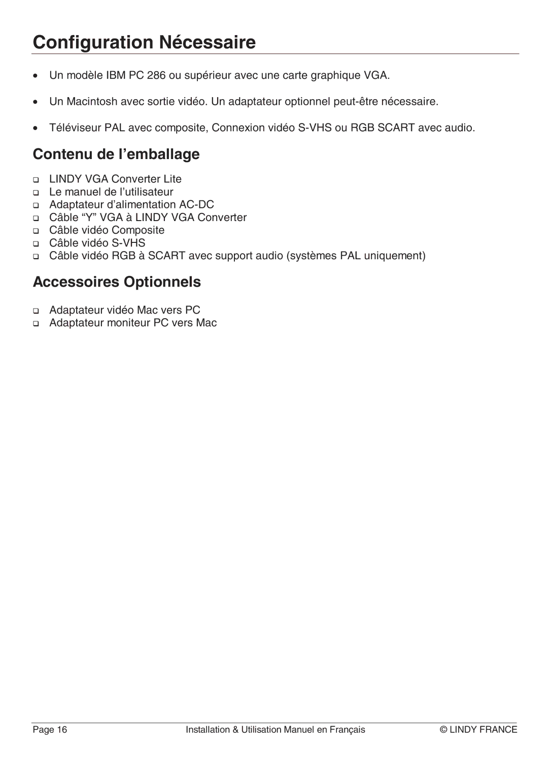 Lindy 32565 manual Configuration Nécessaire, Contenu de l’emballage, Accessoires Optionnels 