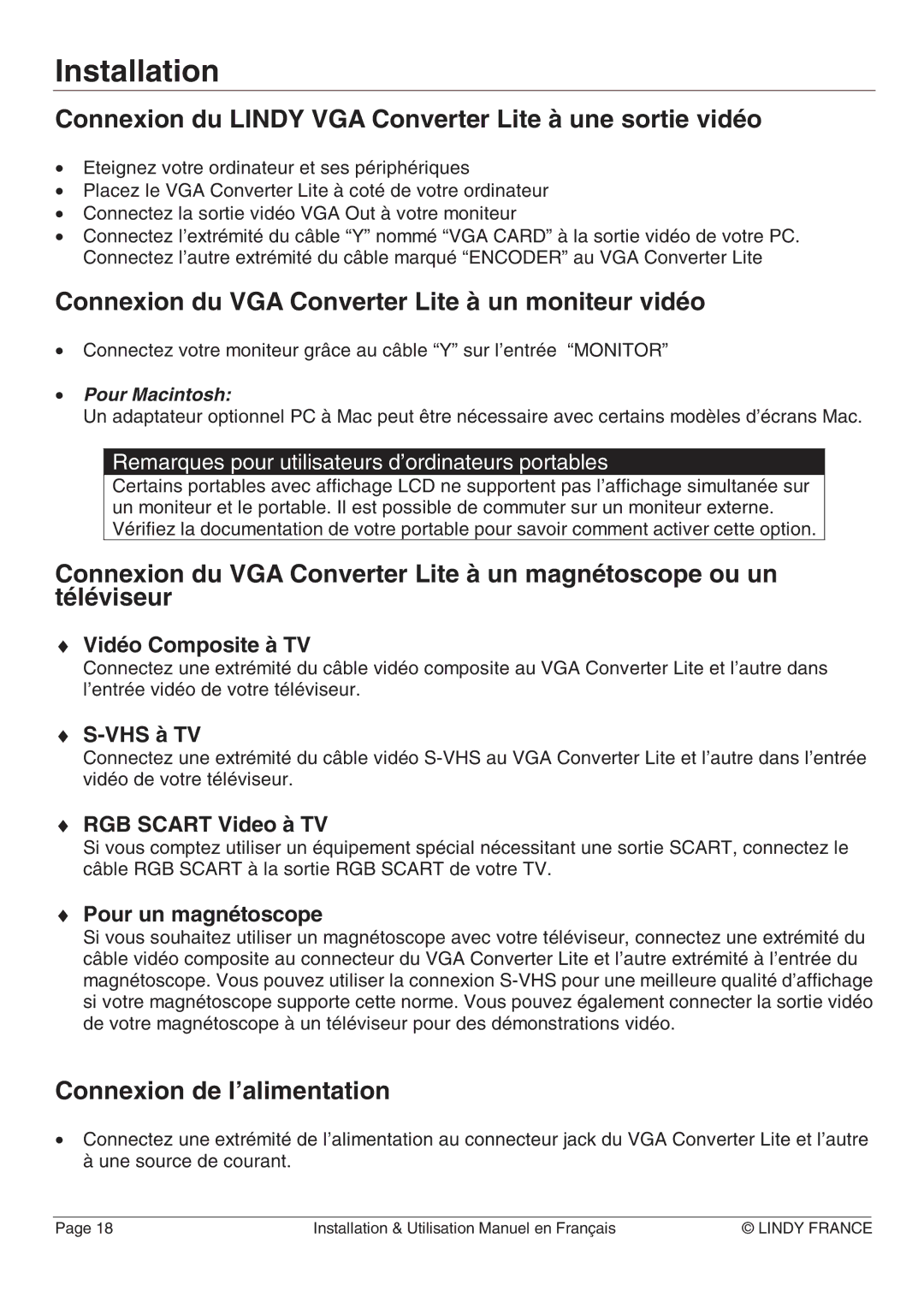 Lindy 32565 Connexion du Lindy VGA Converter Lite à une sortie vidéo, Connexion du VGA Converter Lite à un moniteur vidéo 