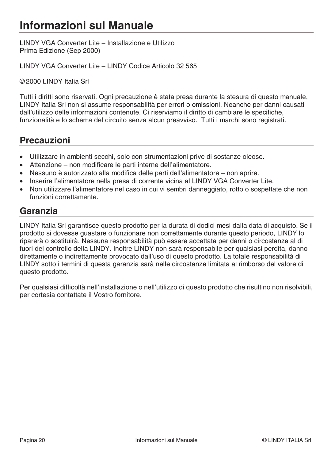 Lindy 32565 manual Informazioni sul Manuale, Precauzioni, Garanzia 