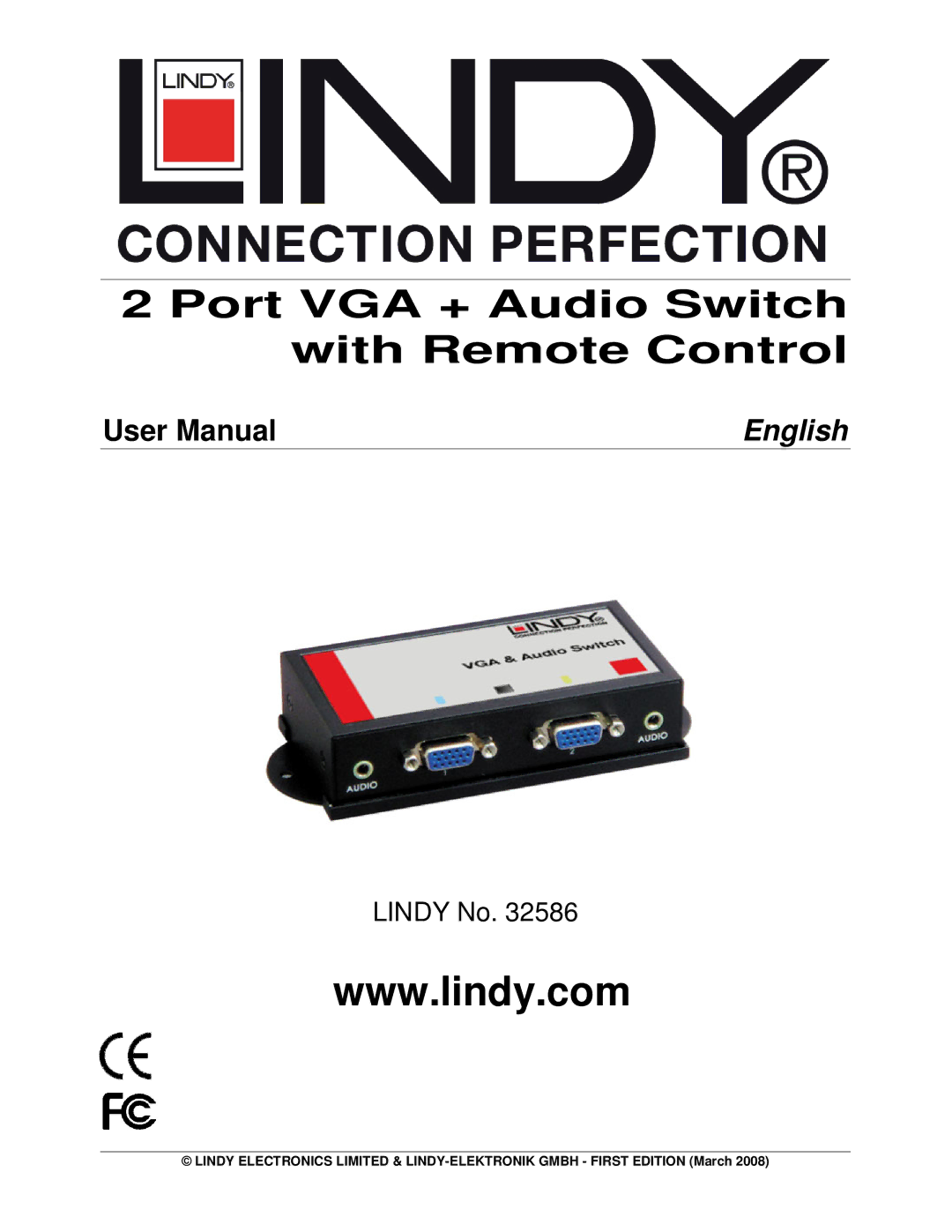 Lindy 32586 user manual Port VGA + Audio Switch with Remote Control 