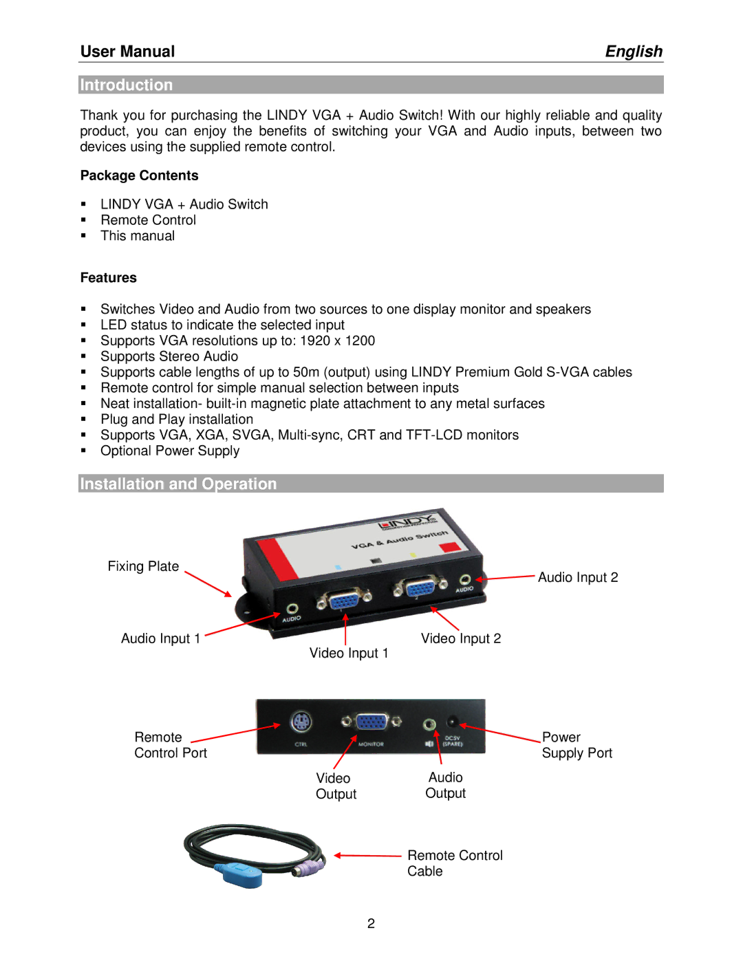 Lindy 32586 user manual Introduction, Installation and Operation, Package Contents, Features 