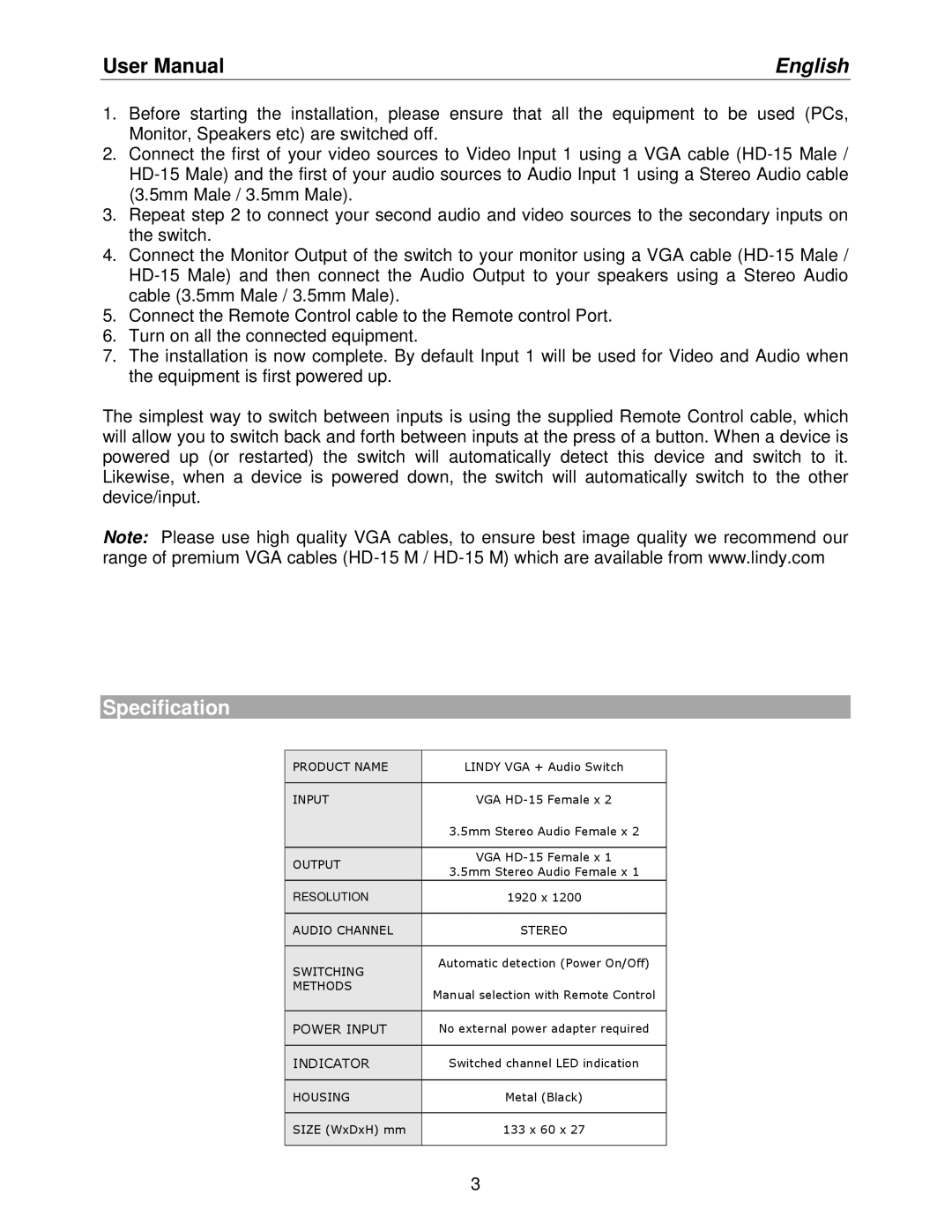 Lindy 32586 user manual Specification 