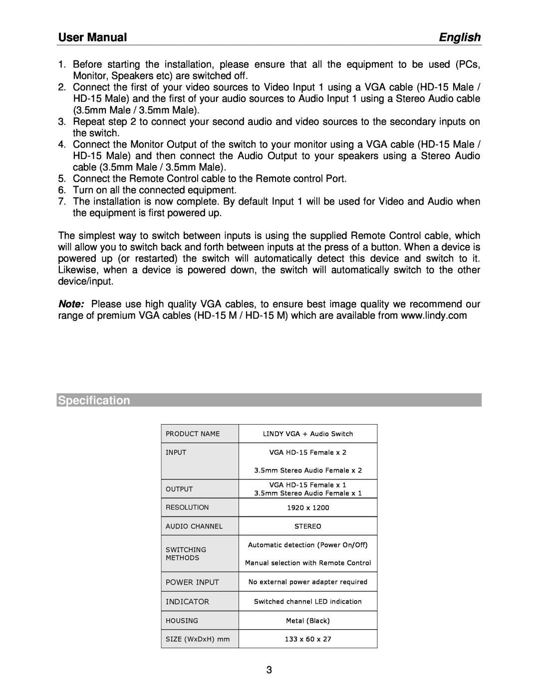 Lindy 32586 user manual Specification, User Manual, English 