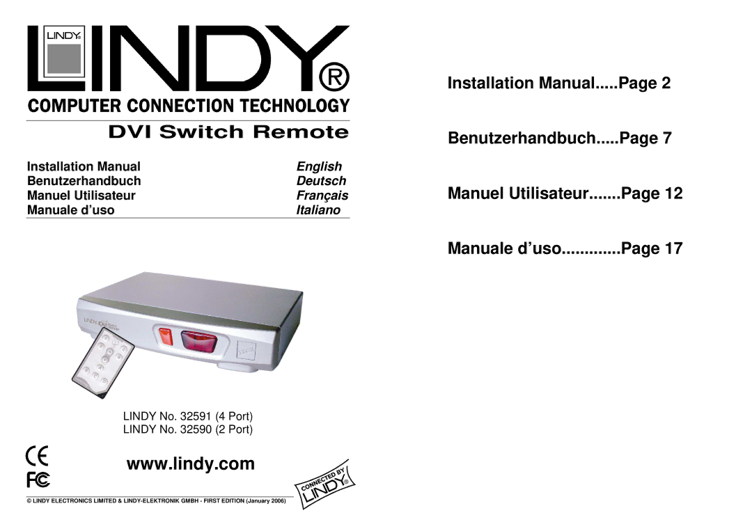 Lindy 32590, 32591 installation manual DVI Switch Remote 