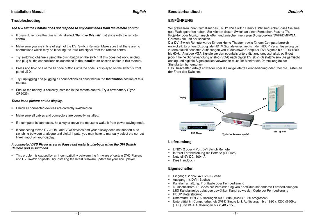 Lindy 32591, 32590 installation manual Troubleshooting, Benutzerhandbuch, Deutsch, Lieferumfang, Eigenschaften 