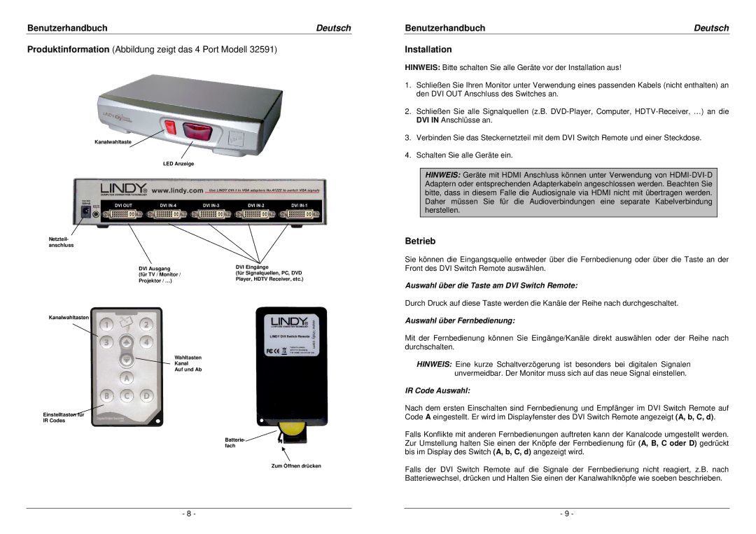 Lindy 32590, 32591 Betrieb, Auswahl über die Taste am DVI Switch Remote, Auswahl über Fernbedienung, IR Code Auswahl 