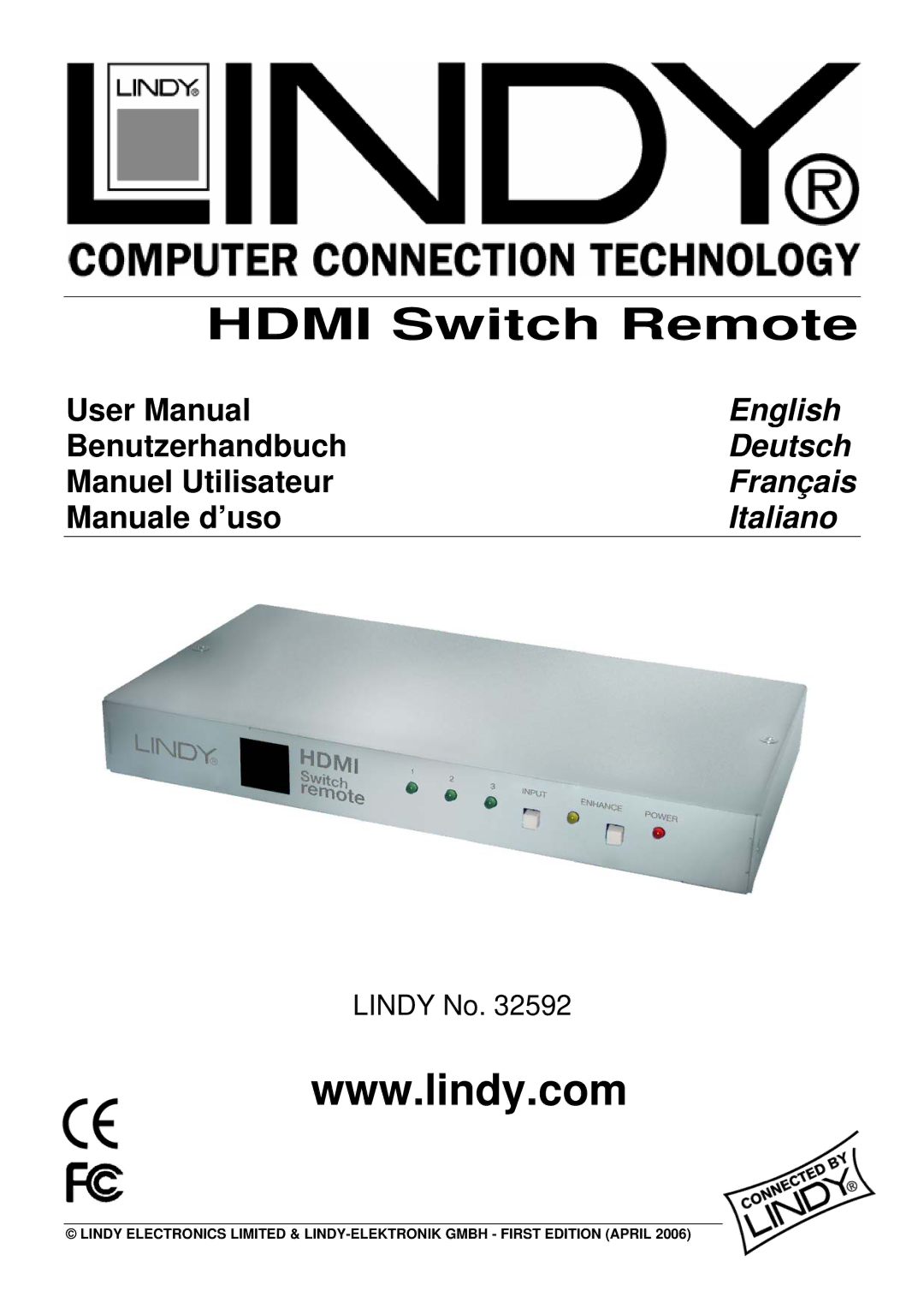 Lindy 32592 user manual Hdmi Switch Remote 