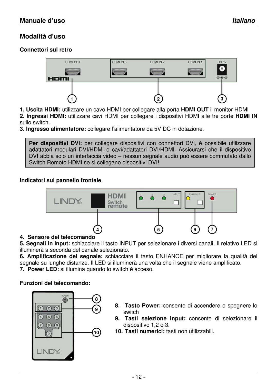 Lindy 32592 user manual Modalità d’uso, Connettori sul retro, Indicatori sul pannello frontale Sensore del telecomando 