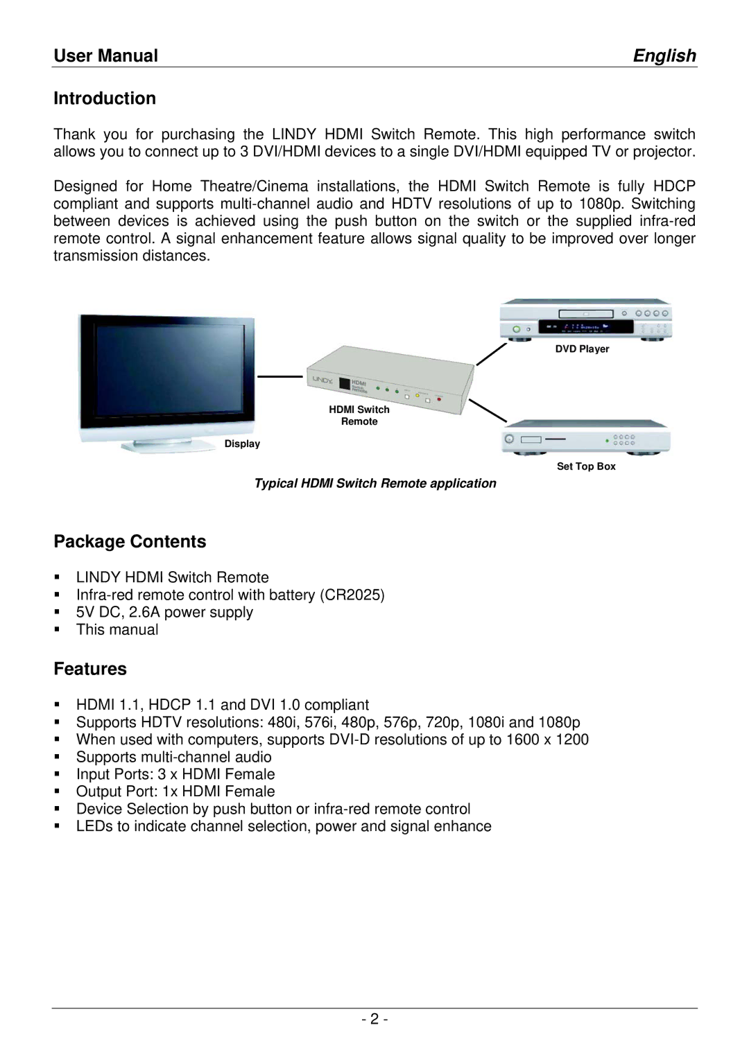 Lindy 32592 user manual Introduction, Package Contents, Features 