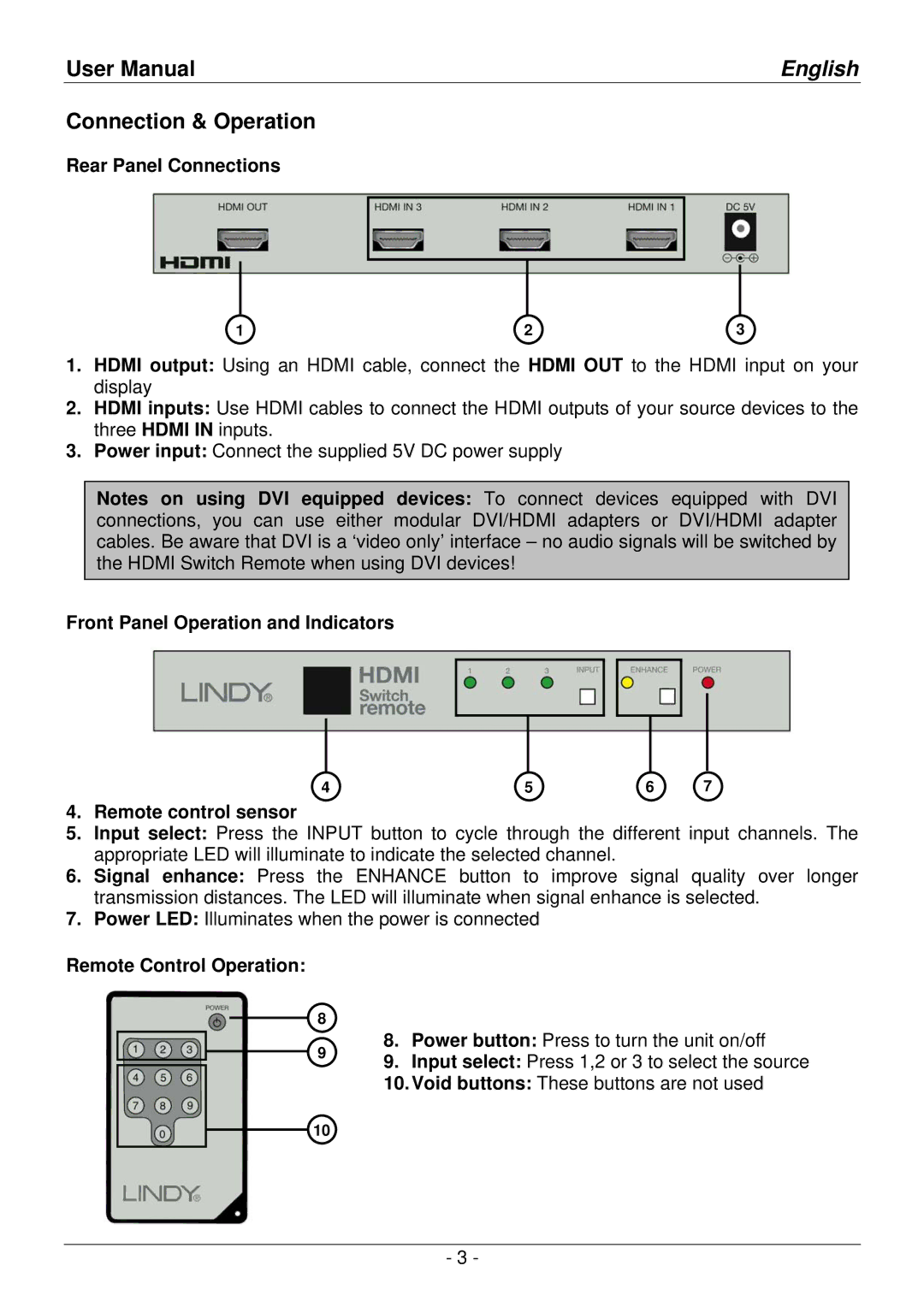 Lindy 32592 Connection & Operation, Rear Panel Connections, Front Panel Operation and Indicators Remote control sensor 