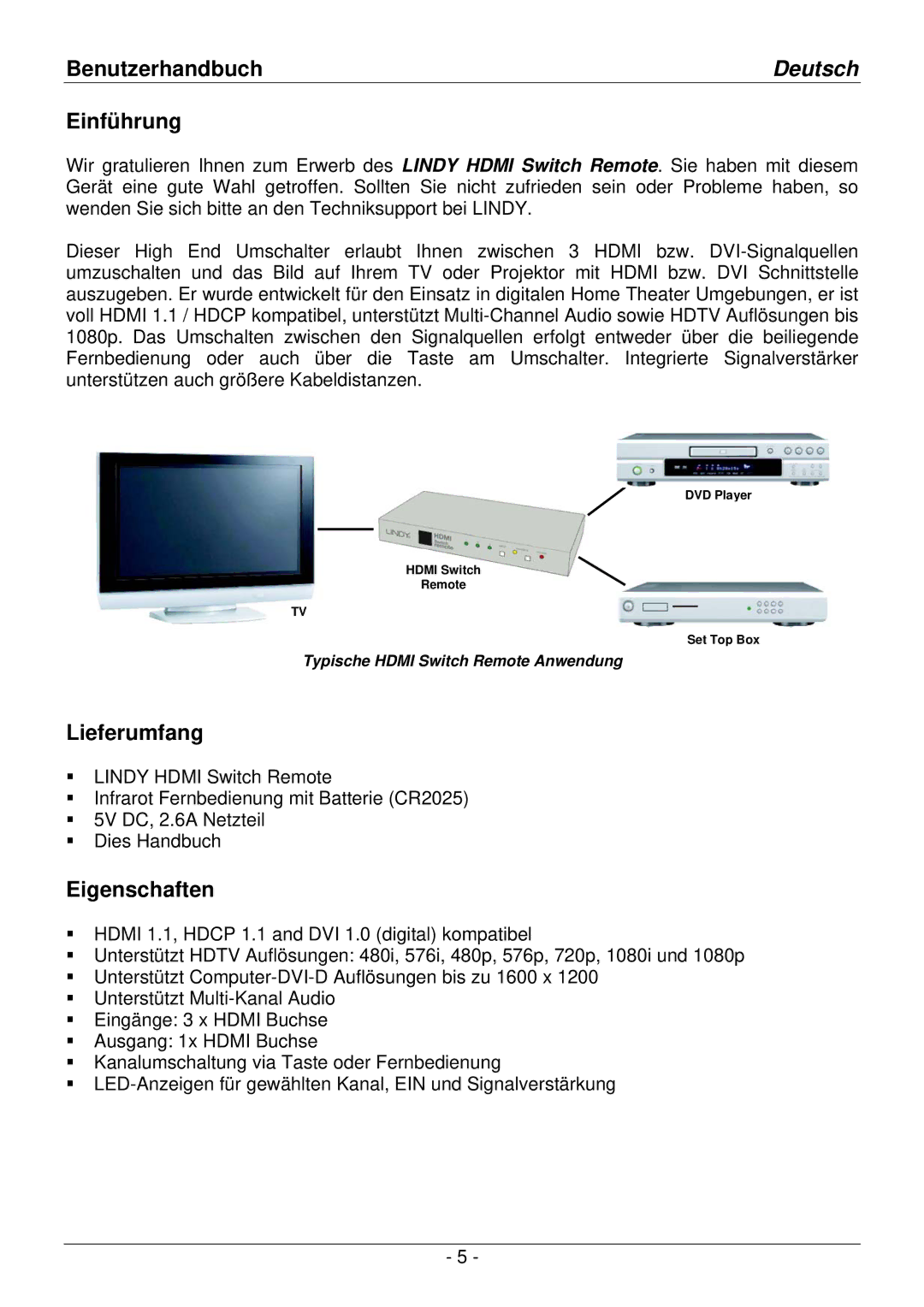 Lindy 32592 user manual Einführung, Lieferumfang, Eigenschaften 