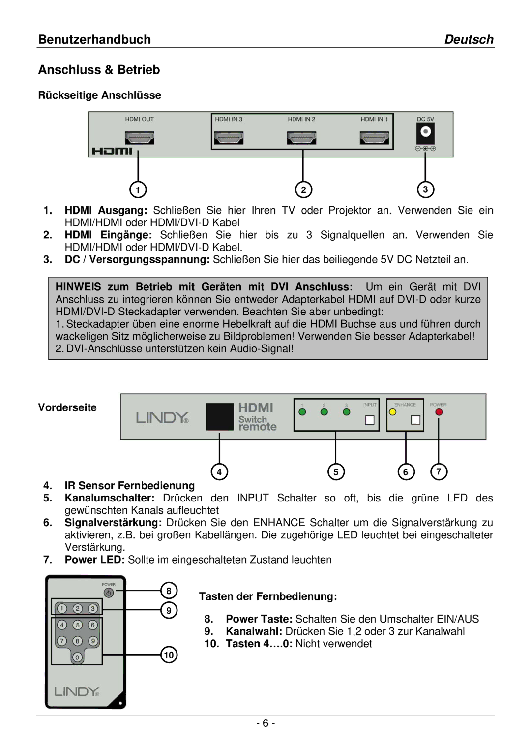 Lindy 32592 user manual Anschluss & Betrieb, Rückseitige Anschlüsse, Vorderseite IR Sensor Fernbedienung 