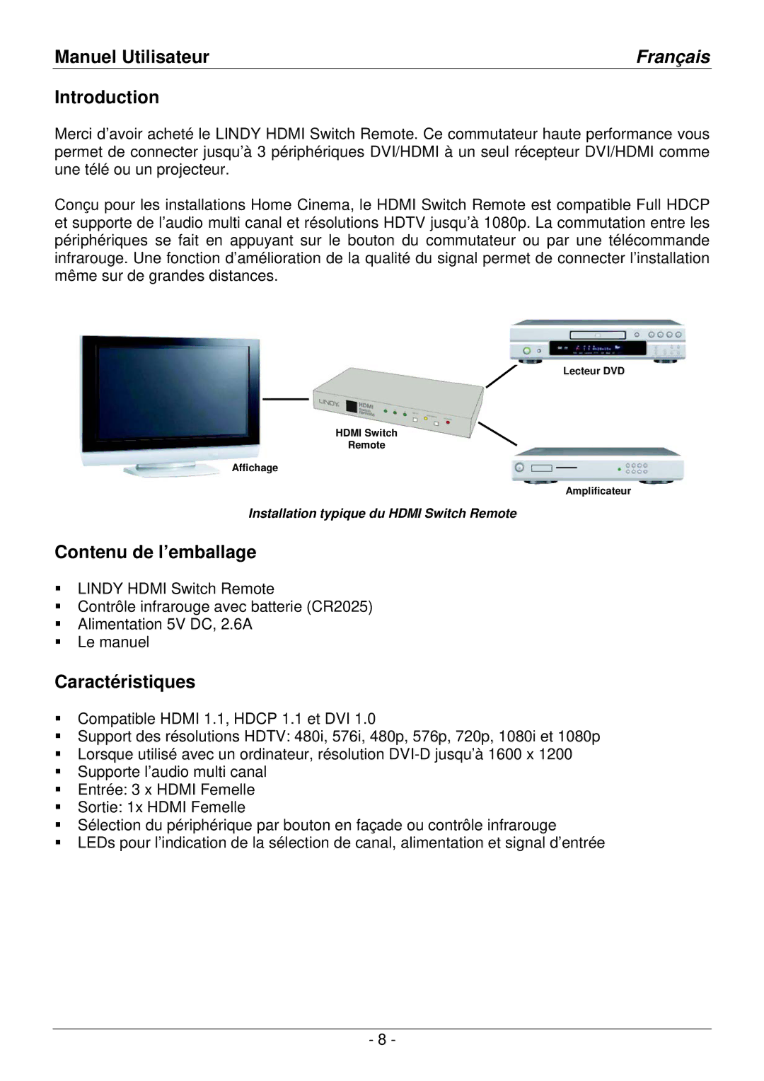 Lindy 32592 user manual Contenu de l’emballage, Caractéristiques 