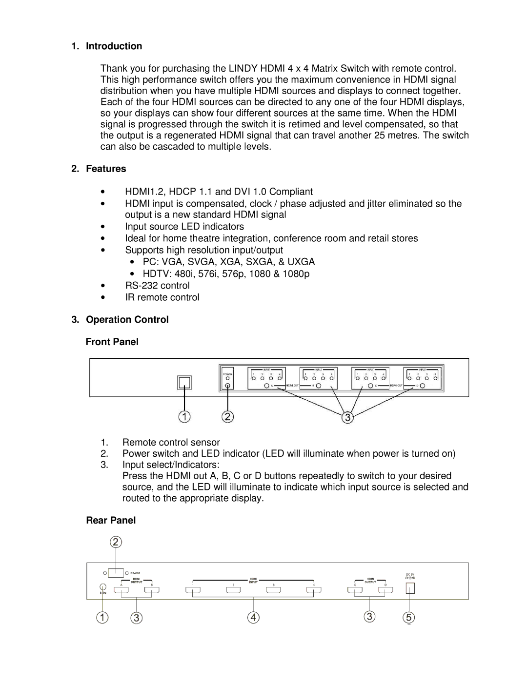 Lindy 32595 quick start Introduction, Features, Operation Control Front Panel, Rear Panel 