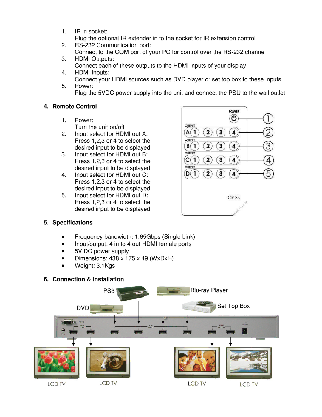 Lindy 32595 quick start Remote Control, Specifications, Connection & Installation 