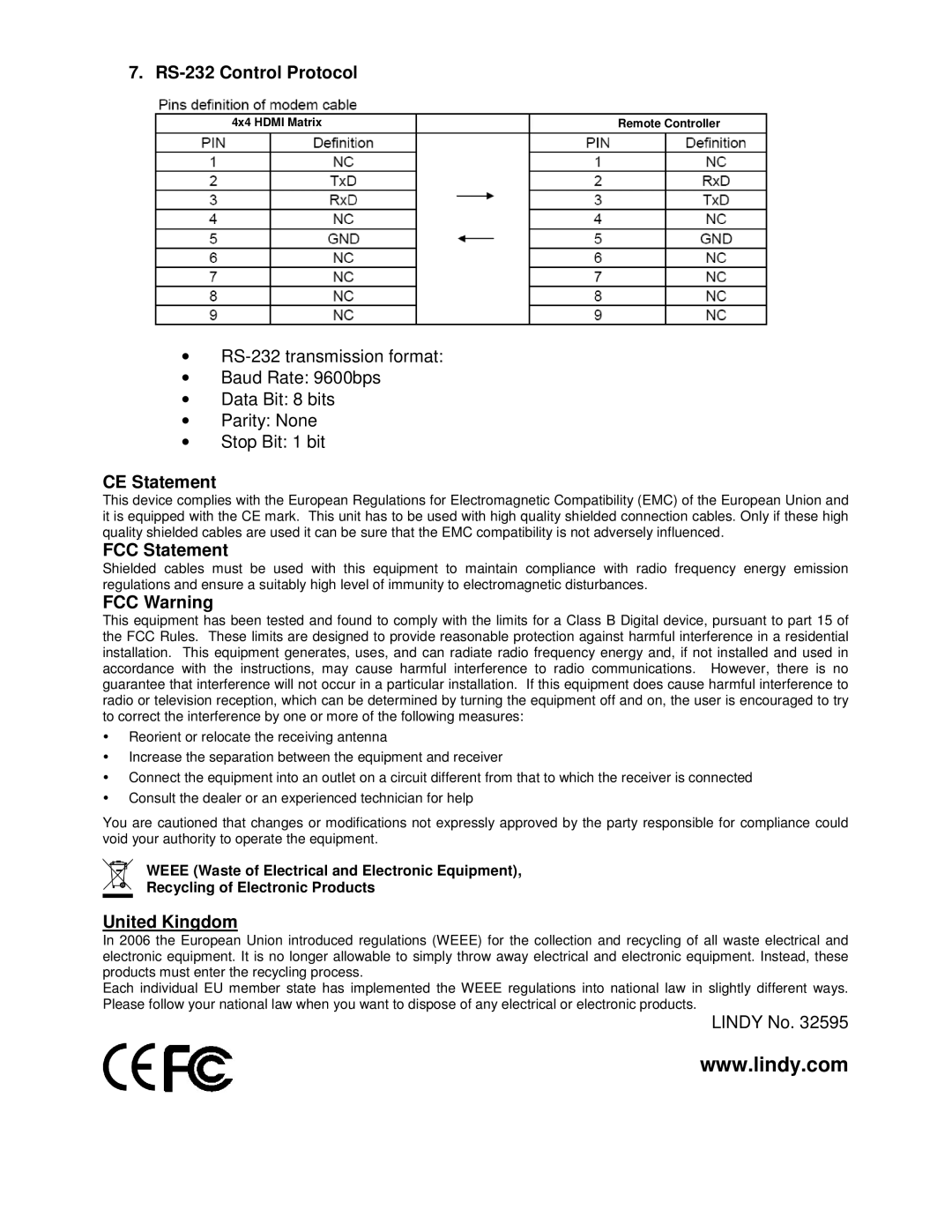 Lindy 32595 quick start RS-232 Control Protocol, CE Statement, FCC Statement, FCC Warning, United Kingdom 