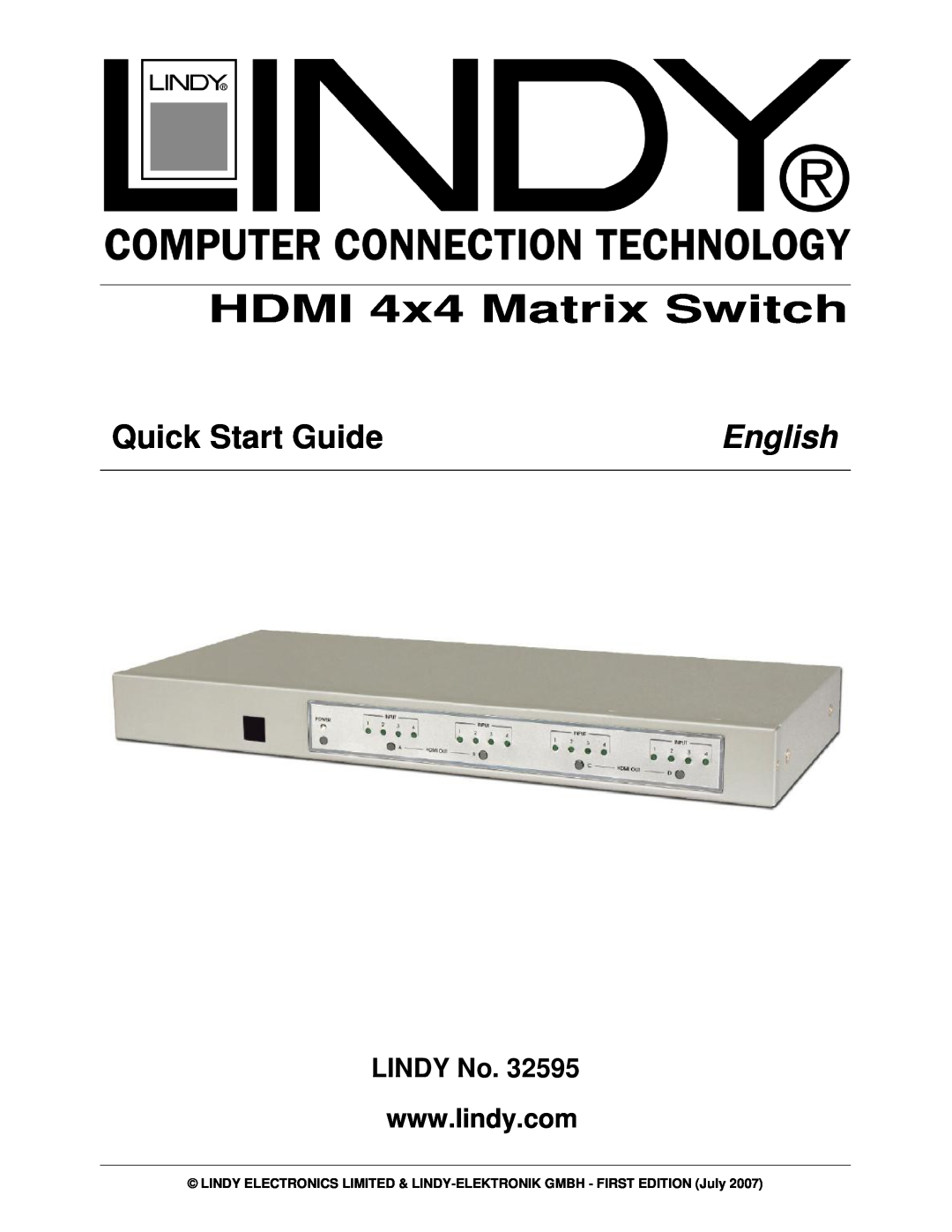 Lindy 32595 quick start HDMI 4x4 Matrix Switch, Quick Start Guide, English, LINDY No 