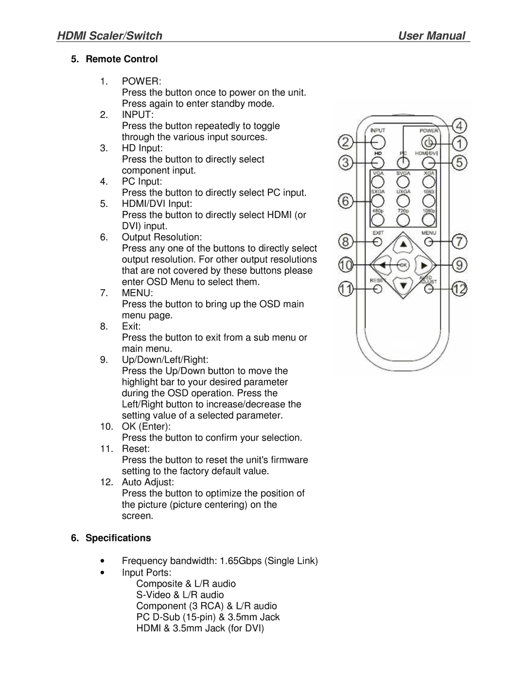 Lindy 32596 quick start Remote Control, Power, Input, Specifications 