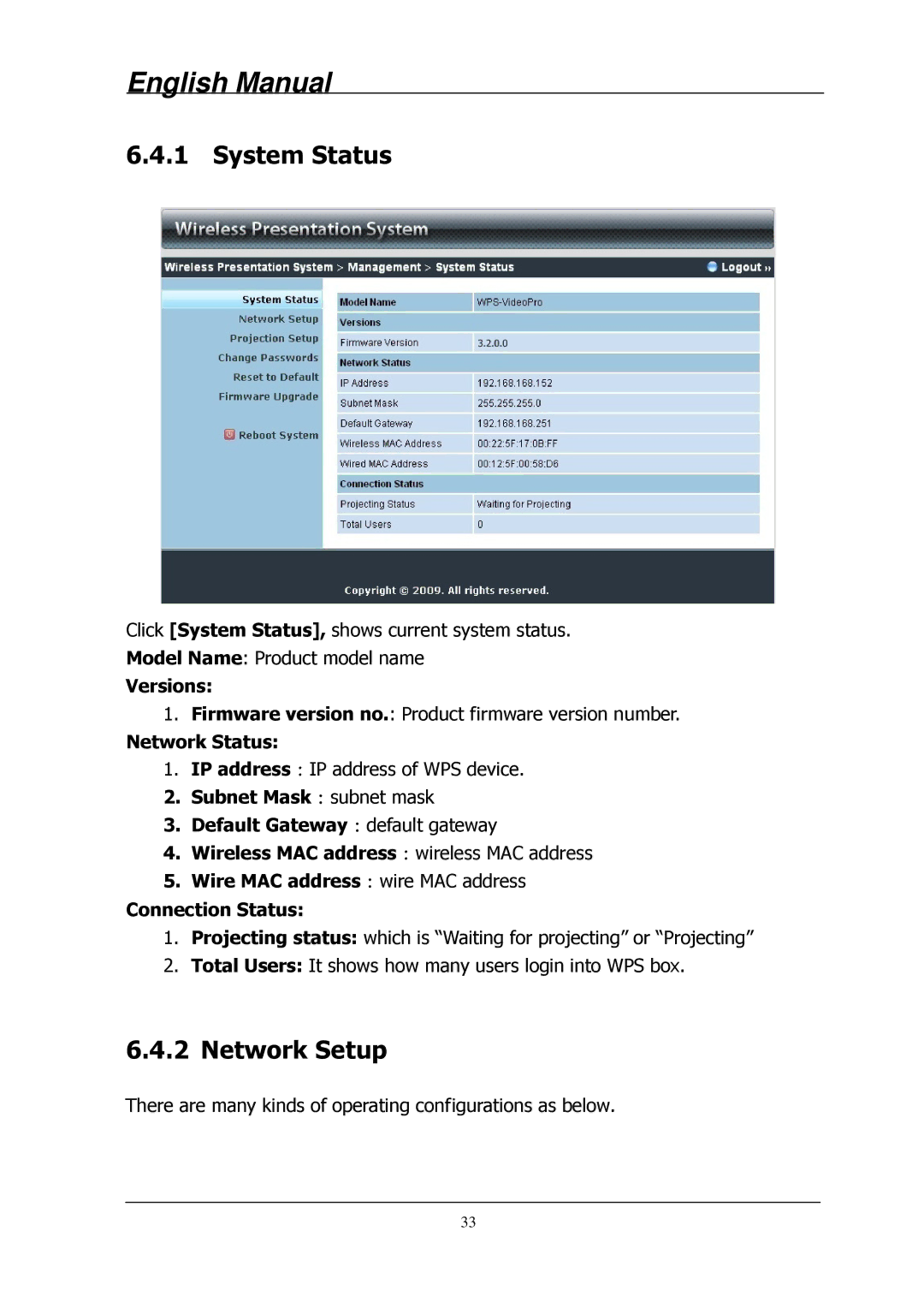 Lindy 32699 user manual System Status, Network Setup 