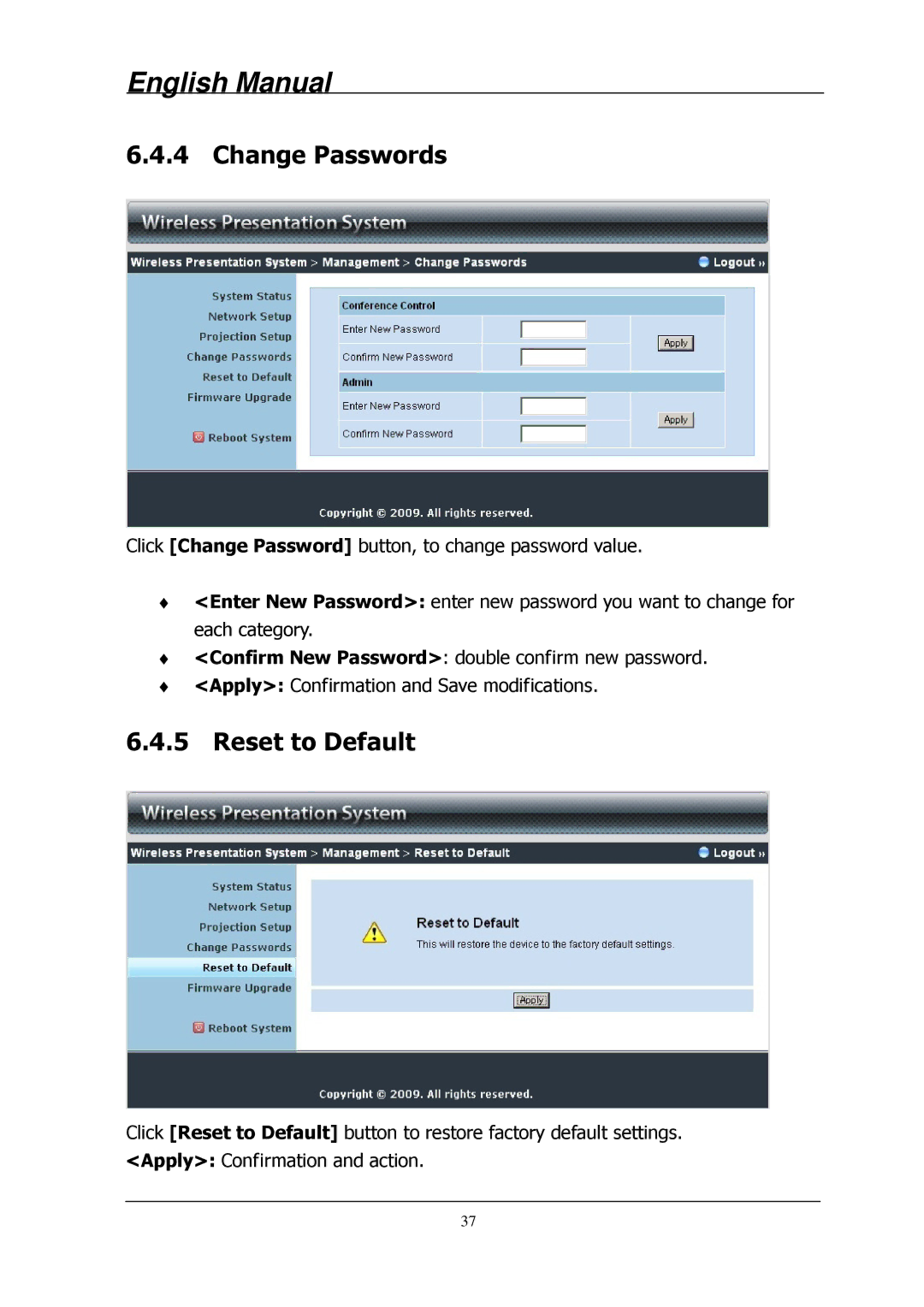 Lindy 32699 user manual Change Passwords, Reset to Default 