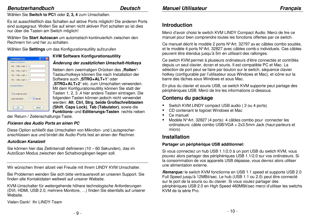 Lindy 32797, 32827 user manual Manuel Utilisateur Français, Contenu du package, Änderung der zusätzlichen Umschalt-Hotkeys 