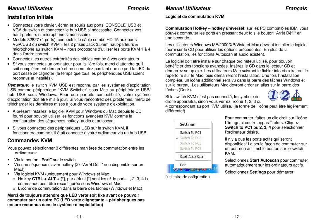 Lindy 32827, 32797 user manual Installation initiale, Commandes KVM 