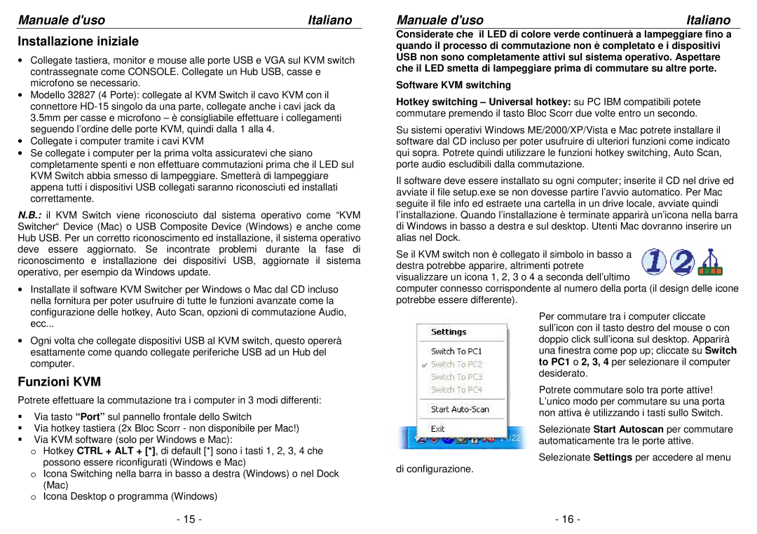 Lindy 32827, 32797 user manual Installazione iniziale, Funzioni KVM, Manuale duso 