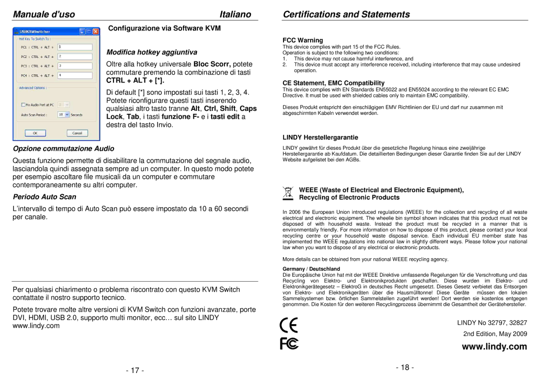 Lindy 32797 Certifications and Statements, Modifica hotkey aggiuntiva, Opzione commutazione Audio, Periodo Auto Scan 