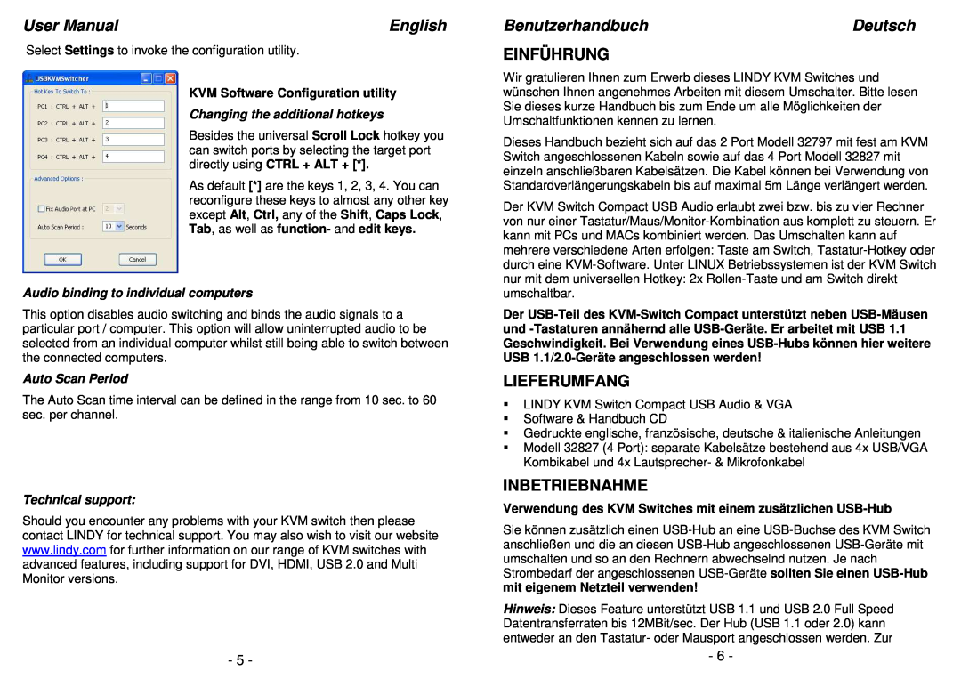 Lindy 32797 Benutzerhandbuch, Deutsch, Einführung, Lieferumfang, Inbetriebnahme, Changing the additional hotkeys, English 