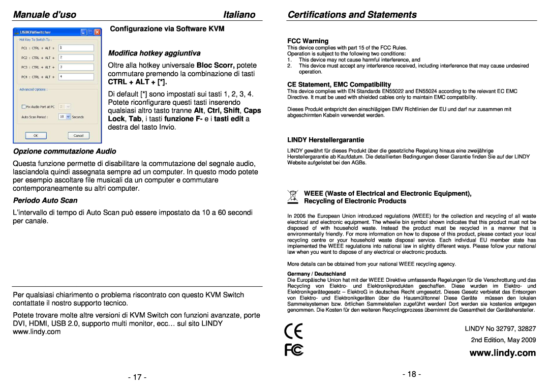 Lindy 32797 Certifications and Statements, Modifica hotkey aggiuntiva, Opzione commutazione Audio, Periodo Auto Scan 