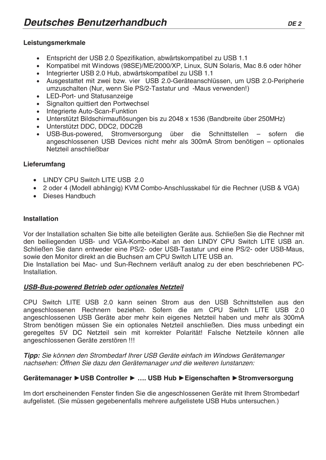 Lindy 32825, 32856 Leistungsmerkmale, Lieferumfang, Installation, USB-Bus-powered Betrieb oder optionales Netzteil 