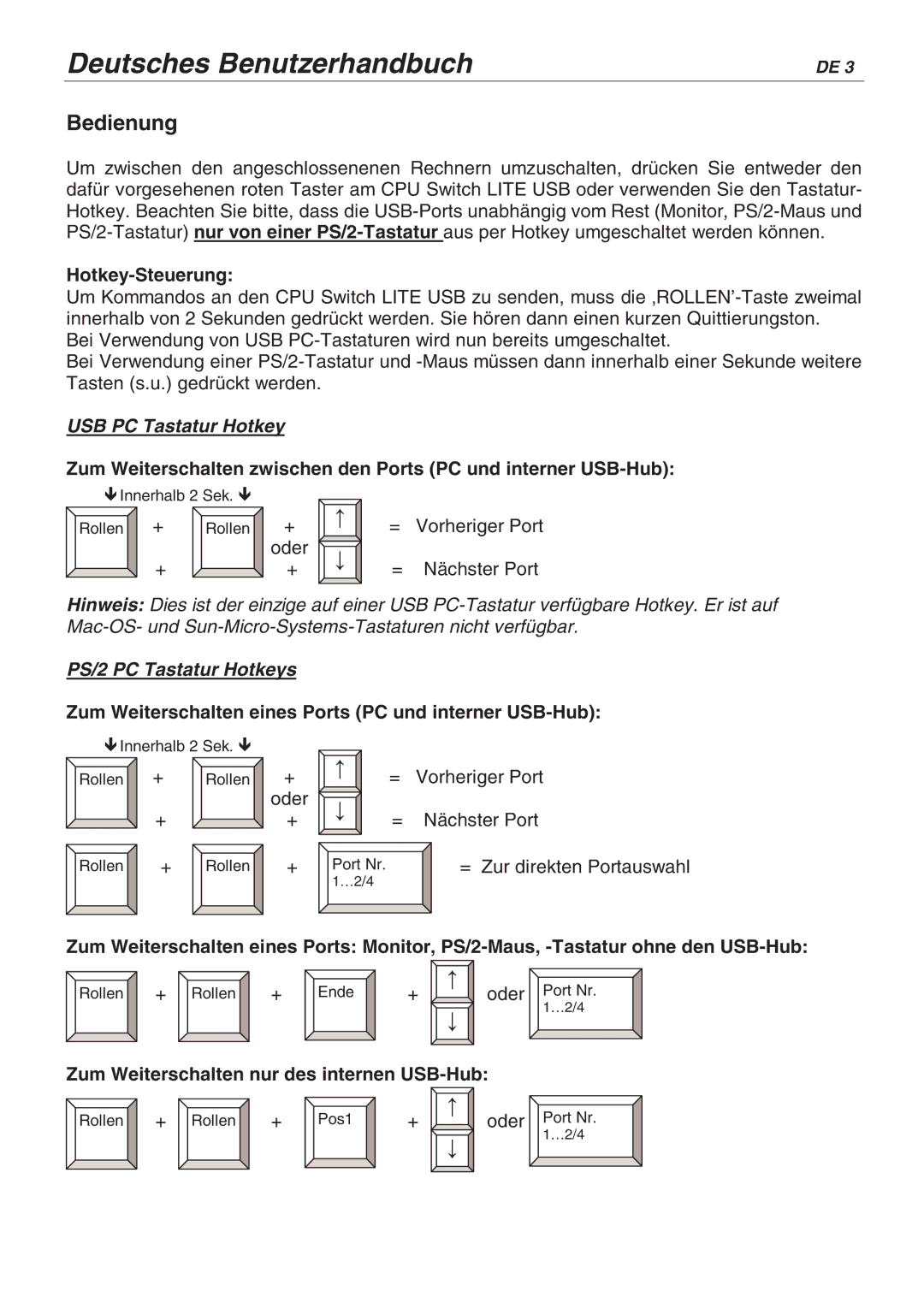 Lindy 32856, 32825 user manual Hotkey-Steuerung, USB PC Tastatur Hotkey, PS/2 PC Tastatur Hotkeys 