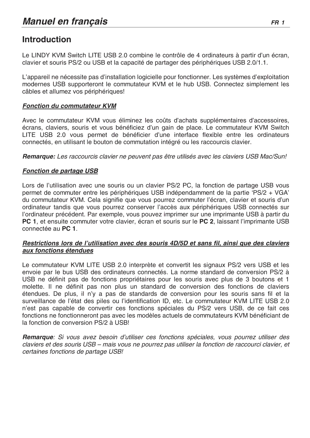 Lindy 32856, 32825 user manual Introduction, Fonction du commutateur KVM, Fonction de partage USB 